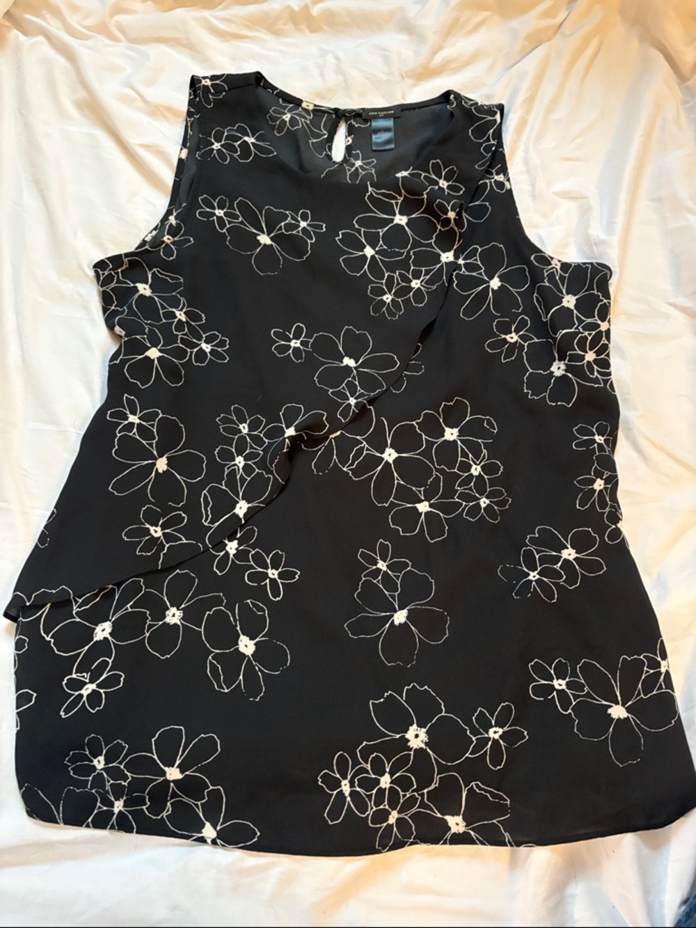 Ann Taylor Sleeveless Black Floral Ruffle Top